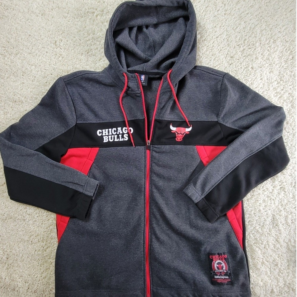 NBA Chicago Bulls Full Zip Hoodie Grey Red Colorblock Jacket Mens XLarge